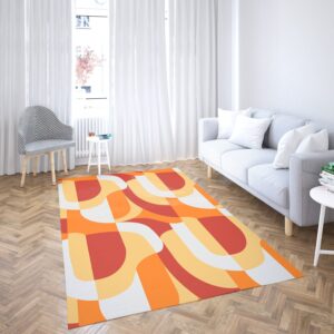 1970s Style Area Rug, Mid-century 70s Rug for Living Room - Orange Abstract Retro Pattern 70's Style Area Rugs