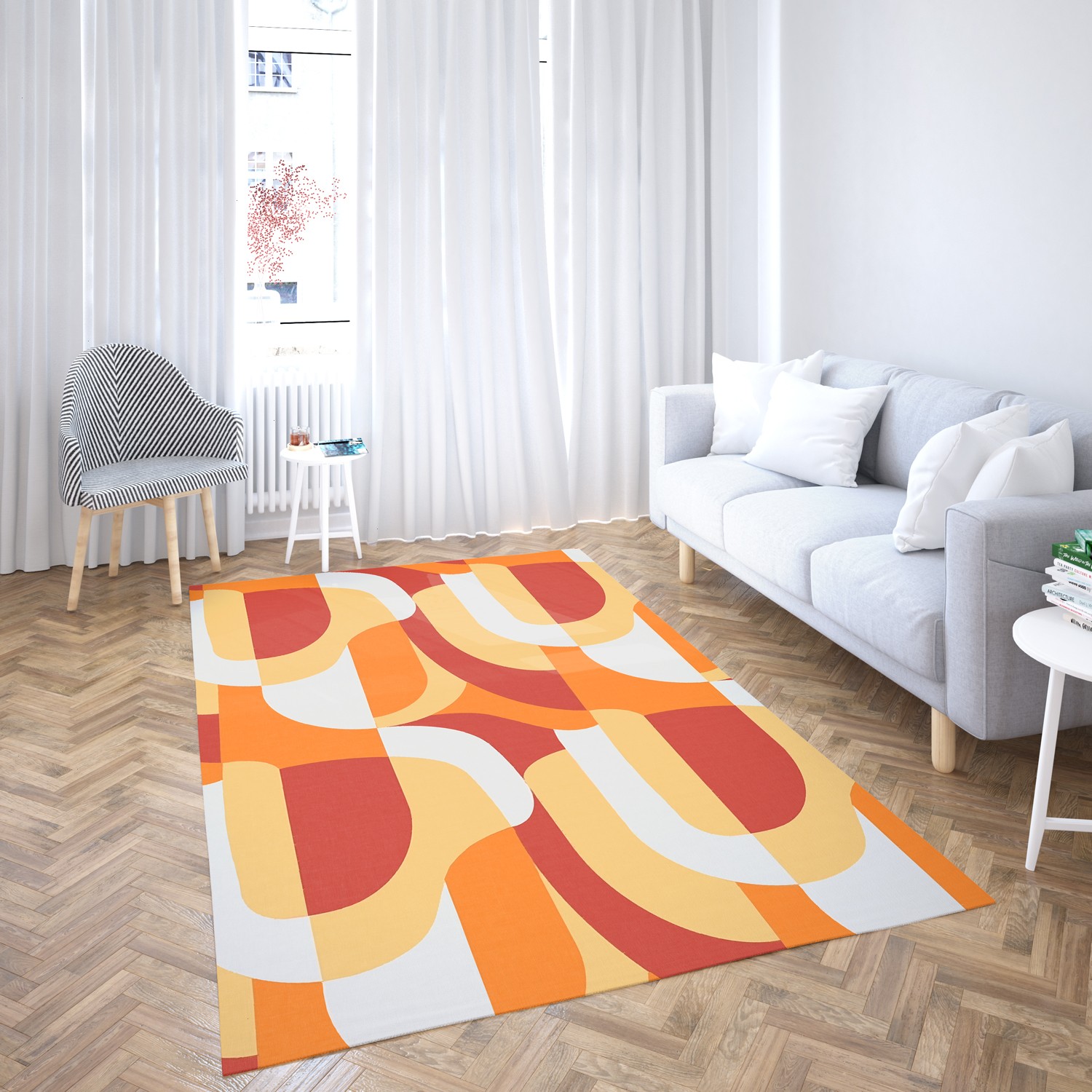 1970s Style Area Rug, Mid-century 70s Rug for Living Room - Orange Abstract Retro Pattern 70's Style Area Rugs