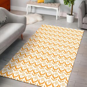 1970s Style Area Rug, Mid-century 70s Rug for Living Room - Orange Floral Dandelions Flower Pattern in Retro 1970s Style Area Rug