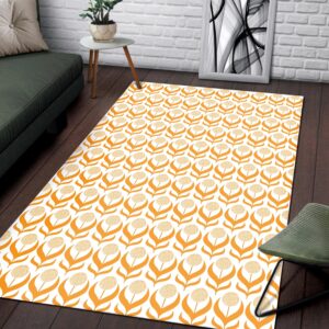 1970s Style Area Rug, Mid-century 70s Rug for Living Room - Orange Floral Dandelions Flower Pattern in Retro 1970s Style Area Rug