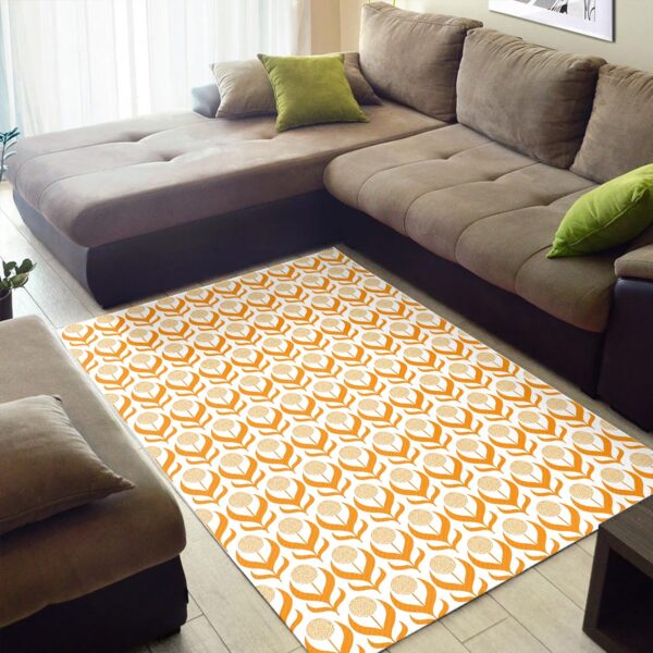 1970s Style Area Rug, Mid-century 70s Rug for Living Room - Orange Floral Dandelions Flower Pattern in Retro 1970s Style Area Rug