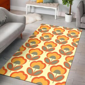 1970s Style Area Rug, Mid-century 70s Rug for Living Room - Orange Floral Retro 70s Style Rug