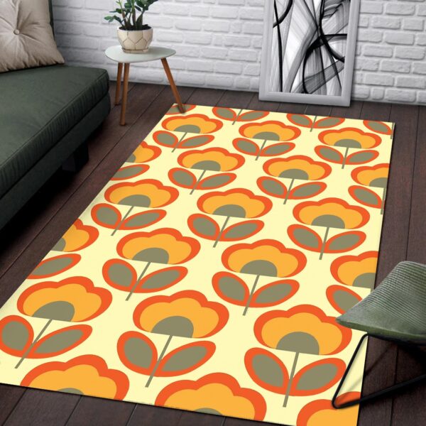 1970s Style Area Rug, Mid-century 70s Rug for Living Room - Orange Floral Retro 70s Style Rug