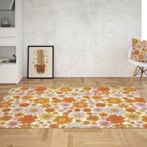 1970s Style Area Rug, Mid-century 70s Rug for Living Room - Orange Floral Retro Rug Groovy 70s Area Rug for Bedroom Living Room Aesthetic
