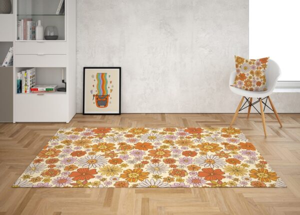 1970s Style Area Rug, Mid-century 70s Rug for Living Room - Orange Floral Retro Rug Groovy 70s Area Rug for Bedroom Living Room Aesthetic