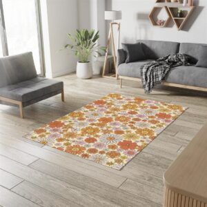 1970s Style Area Rug, Mid-century 70s Rug for Living Room - Orange Floral Retro Rug Groovy 70s Area Rug for Bedroom Living Room Aesthetic
