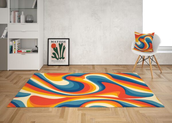 1970s Style Area Rug, Mid-century 70s Rug for Living Room - Orange Psychedelic Groovy Retro Wavy Trippy 1970s Style Area Rug