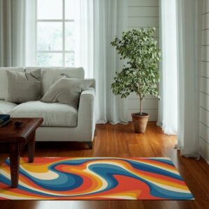 1970s Style Area Rug, Mid-century 70s Rug for Living Room - Orange Psychedelic Groovy Retro Wavy Trippy 1970s Style Area Rug