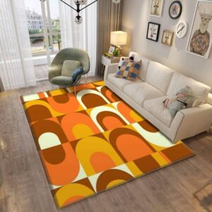 1970s Style Area Rug, Mid-century 70s Rug for Living Room - Orange Retro Industrial 70s Pattern Area Rug