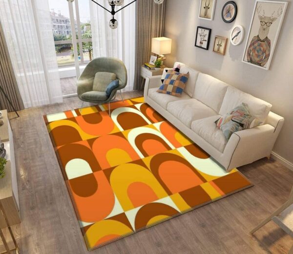 1970s Style Area Rug, Mid-century 70s Rug for Living Room - Orange Retro Industrial 70s Pattern Area Rug