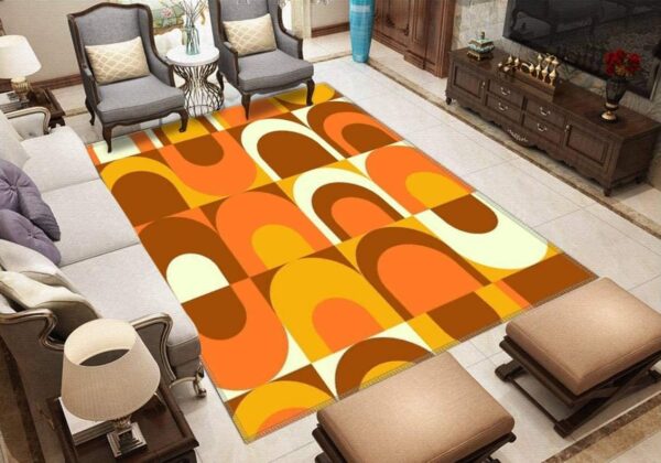 1970s Style Area Rug, Mid-century 70s Rug for Living Room - Orange Retro Industrial 70s Pattern Area Rug