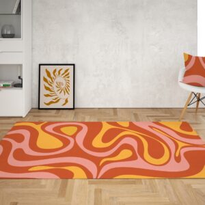 1970s Style Area Rug, Mid-century 70s Rug for Living Room - Orange Retro Psychedelic Swirl Groovy Rug, Wavy Trippy Area Rug for 70s Style Room Décor