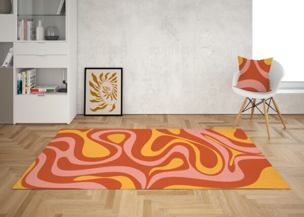 1970s Style Area Rug, Mid-century 70s Rug for Living Room - Orange Retro Psychedelic Swirl Groovy Rug, Wavy Trippy Area Rug for 70s Style Room Décor
