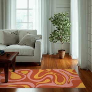 1970s Style Area Rug, Mid-century 70s Rug for Living Room - Orange Retro Psychedelic Swirl Groovy Rug, Wavy Trippy Area Rug for 70s Style Room Décor