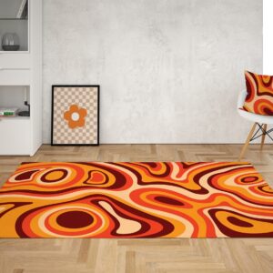 1970s Style Area Rug, Mid-century 70s Rug for Living Room - Orange Retro Wavy Trippy Swirl Psychedelic Groovy 70s Area Rug
