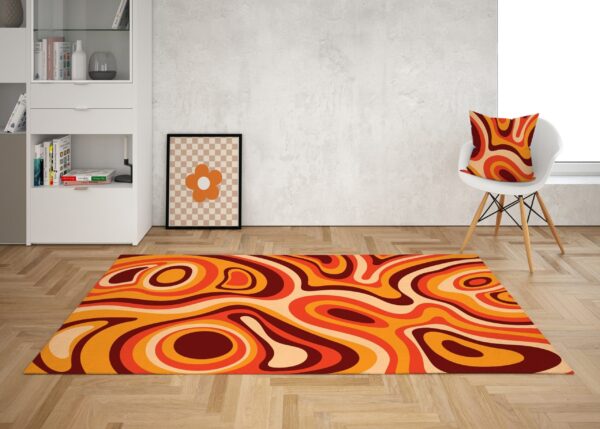 1970s Style Area Rug, Mid-century 70s Rug for Living Room - Orange Retro Wavy Trippy Swirl Psychedelic Groovy 70s Area Rug