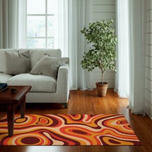 1970s Style Area Rug, Mid-century 70s Rug for Living Room - Orange Retro Wavy Trippy Swirl Psychedelic Groovy 70s Area Rug