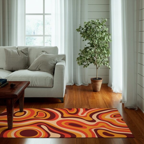 1970s Style Area Rug, Mid-century 70s Rug for Living Room - Orange Retro Wavy Trippy Swirl Psychedelic Groovy 70s Area Rug