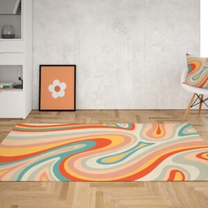 1970s Style Area Rug, Mid-century 70s Rug for Living Room - Pastel Retro Swirl Psychedelic Wavy Trippy Groovy 70s Style Area Rug