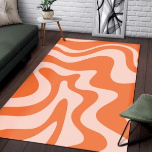 1970s Style Area Rug, Mid-century 70s Rug for Living Room - Private: Large Liquid Swirl Abstract Pattern in Orange And Pale Blush 70s Style Area Rug