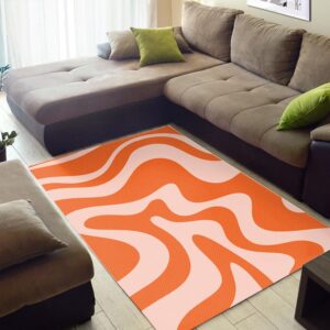 1970s Style Area Rug, Mid-century 70s Rug for Living Room - Private: Large Liquid Swirl Abstract Pattern in Orange And Pale Blush 70s Style Area Rug