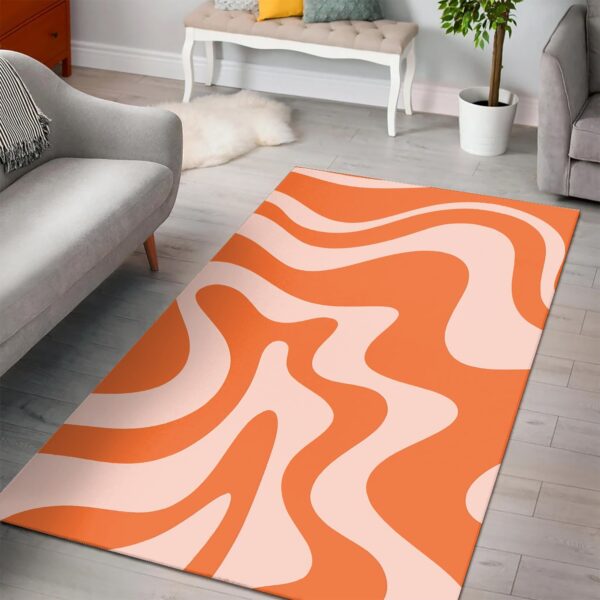 1970s Style Area Rug, Mid-century 70s Rug for Living Room - Private: Large Liquid Swirl Abstract Pattern in Orange And Pale Blush 70s Style Area Rug