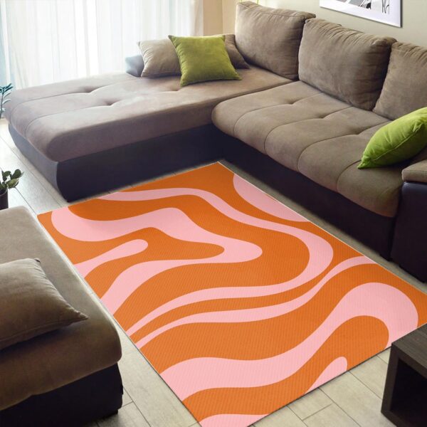 1970s Style Area Rug, Mid-century 70s Rug for Living Room - Private: Liquid Swirl Retro Abstract Pattern in Orange And Pink Printed with 1970 Style Printed On Large Area Rug