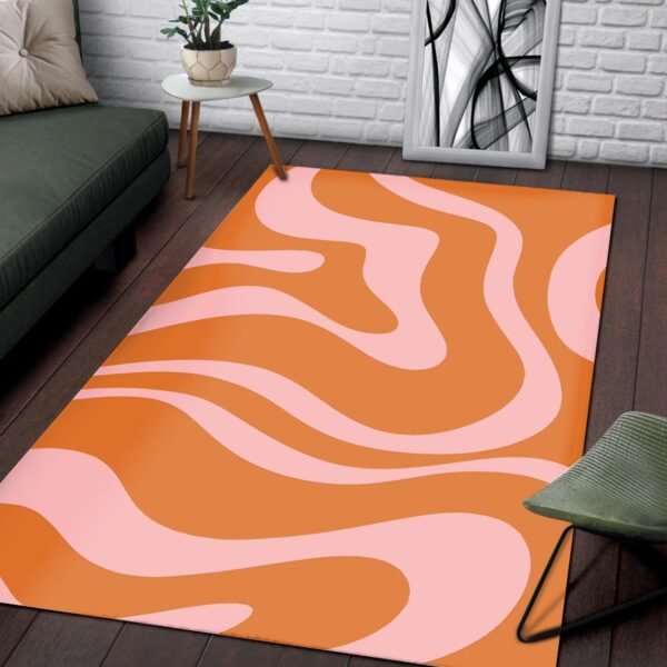 1970s Style Area Rug, Mid-century 70s Rug for Living Room - Private: Liquid Swirl Retro Abstract Pattern in Orange And Pink Printed with 1970 Style Printed On Large Area Rug