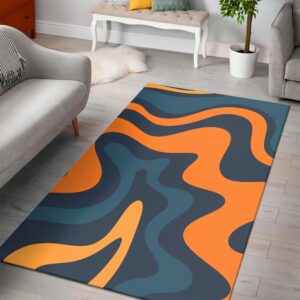 1970s Style Area Rug, Mid-century 70s Rug for Living Room - Private: Retro Liquid Swirl Abstract Pattern in Navy Blue And Orange Area Rugs