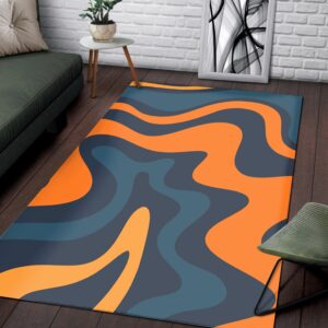 1970s Style Area Rug, Mid-century 70s Rug for Living Room - Private: Retro Liquid Swirl Abstract Pattern in Navy Blue And Orange Area Rugs