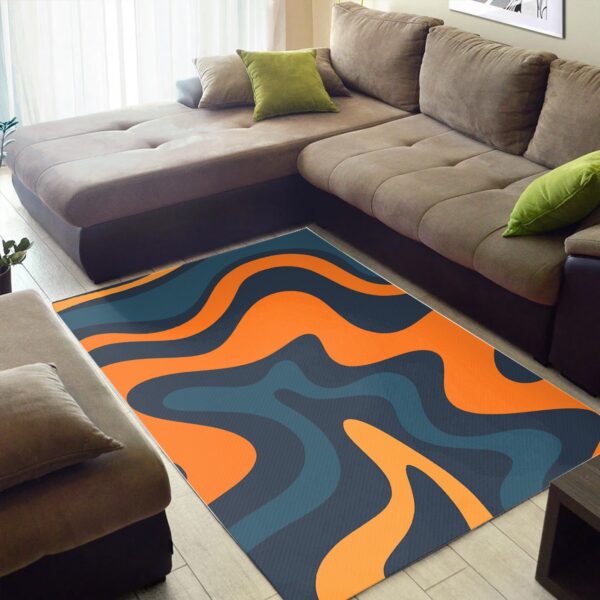 1970s Style Area Rug, Mid-century 70s Rug for Living Room - Private: Retro Liquid Swirl Abstract Pattern in Navy Blue And Orange Area Rugs