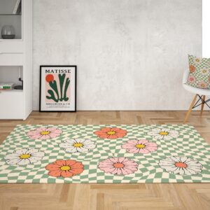 1970s Style Area Rug, Mid-century 70s Rug for Living Room - Psychedelic Checkered Rug Daisy Floral Groovy Funky 70s Area Floor Mat