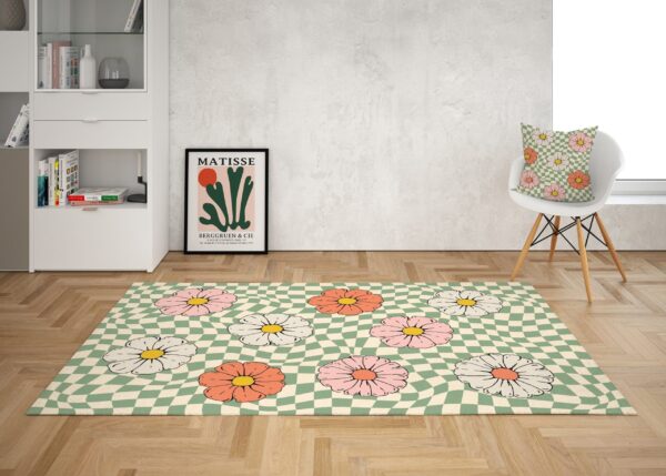 1970s Style Area Rug, Mid-century 70s Rug for Living Room - Psychedelic Checkered Rug Daisy Floral Groovy Funky 70s Area Floor Mat