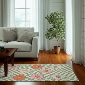 1970s Style Area Rug, Mid-century 70s Rug for Living Room - Psychedelic Checkered Rug Daisy Floral Groovy Funky 70s Area Floor Mat