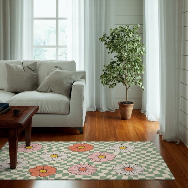1970s Style Area Rug, Mid-century 70s Rug for Living Room - Psychedelic Checkered Rug Daisy Floral Groovy Funky 70s Area Floor Mat