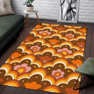 1970s Style Area Rug, Mid-century 70s Rug for Living Room - Psychedelic Flower Power Floral Pattern 70s Style Floor Rug