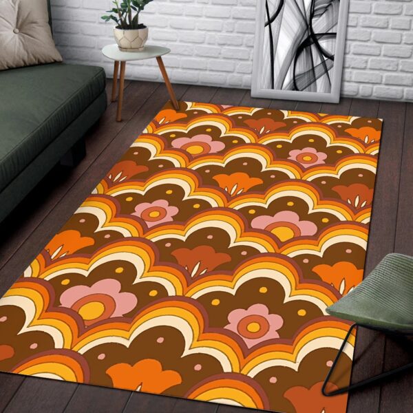 1970s Style Area Rug, Mid-century 70s Rug for Living Room - Psychedelic Flower Power Floral Pattern 70s Style Floor Rug