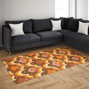 1970s Style Area Rug, Mid-century 70s Rug for Living Room - Psychedelic Flower Power Floral Pattern 70s Style Floor Rug