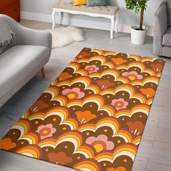 1970s Style Area Rug, Mid-century 70s Rug for Living Room - Psychedelic Flower Power Floral Pattern 70s Style Floor Rug