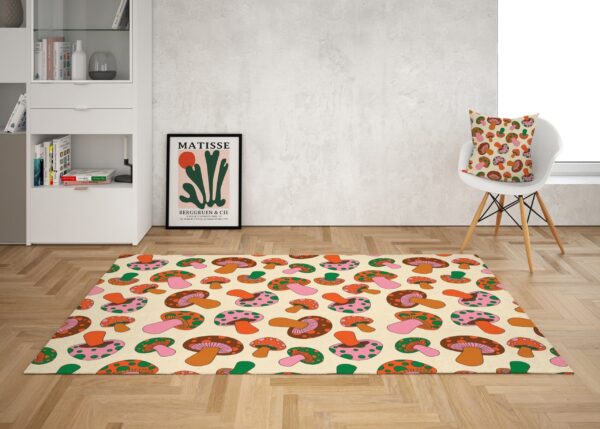 1970s Style Area Rug, Mid-century 70s Rug for Living Room - Psychedelic Mushroom Graphic with 70s Style Area Rug