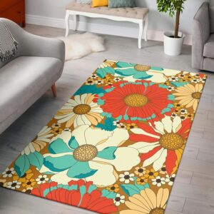 1970s Style Area Rug, Mid-century 70s Rug for Living Room - Red Orange Turquoise Brown Retro Floral Pattern 70s Area Rug