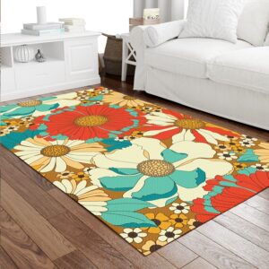 1970s Style Area Rug, Mid-century 70s Rug for Living Room - Red Orange Turquoise Brown Retro Floral Pattern 70s Area Rug