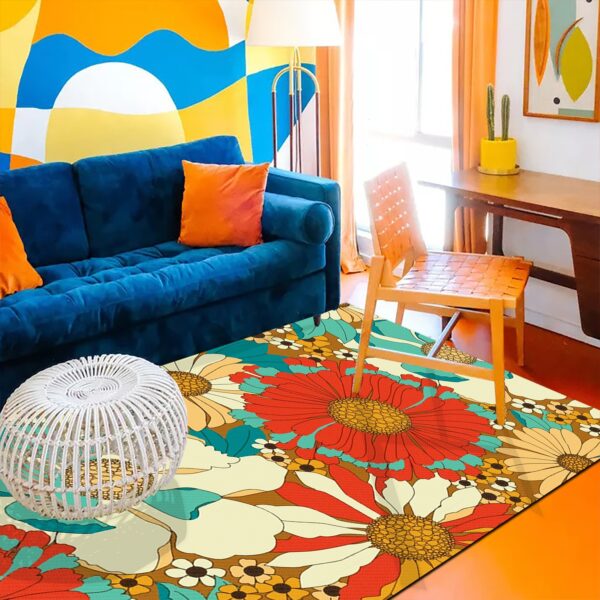1970s Style Area Rug, Mid-century 70s Rug for Living Room - Red Orange Turquoise Brown Retro Floral Pattern 70s Area Rug
