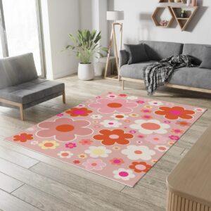 1970s Style Area Rug, Mid-century 70s Rug for Living Room - Retro 70s Flower Pattern Peach And Orange Year 2000 Rug