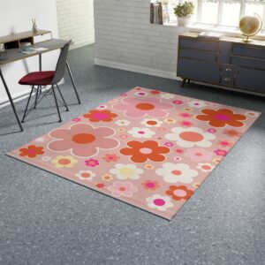 1970s Style Area Rug, Mid-century 70s Rug for Living Room - Retro 70s Flower Pattern Peach And Orange Year 2000 Rug