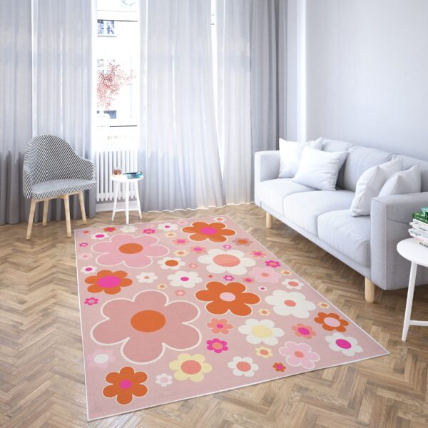 1970s Style Area Rug, Mid-century 70s Rug for Living Room - Retro 70s Flower Pattern Peach And Orange Year 2000 Rug