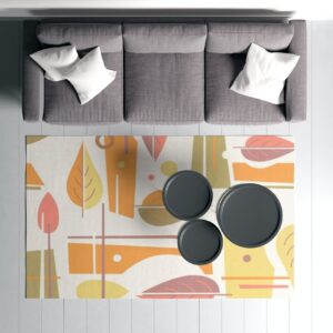 1970s Style Area Rug, Mid-century 70s Rug for Living Room - Retro 70s Yellow And Orange Mod Leaf Print Living Bedroom Area Rug