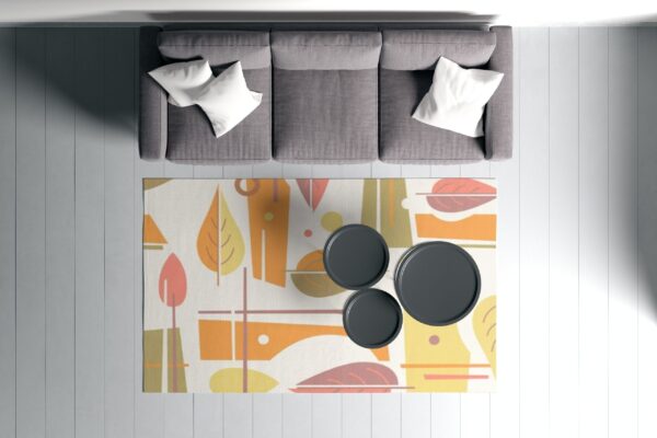 1970s Style Area Rug, Mid-century 70s Rug for Living Room - Retro 70s Yellow And Orange Mod Leaf Print Living Bedroom Area Rug