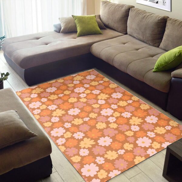 1970s Style Area Rug, Mid-century 70s Rug for Living Room - Retro Daisy Meadow 70s Style Floor Mat Area Rug