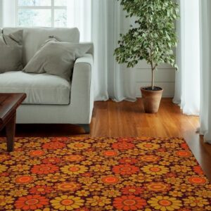 1970s Style Area Rug, Mid-century 70s Rug for Living Room - Retro Floral Area Rug for 70s Style Bedroom Living Room Aesthetic